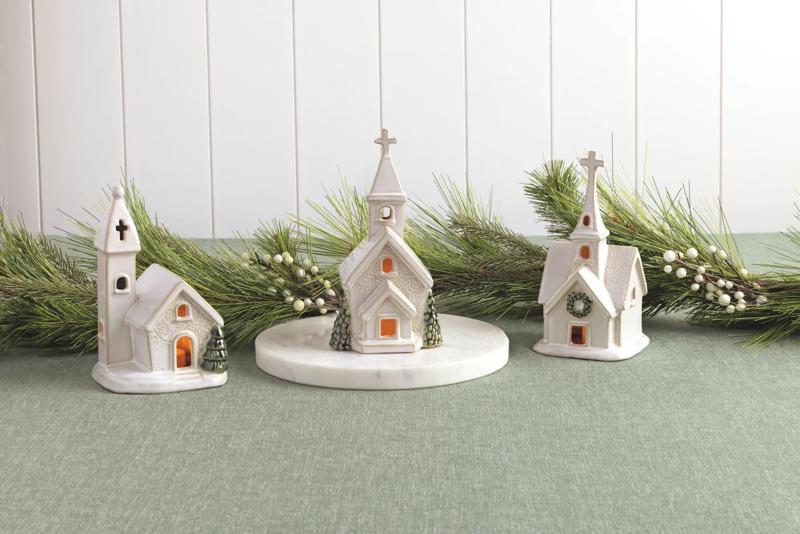 Double Tree Ceramic Church Sitter | Pressed Lace Reactive Glaze