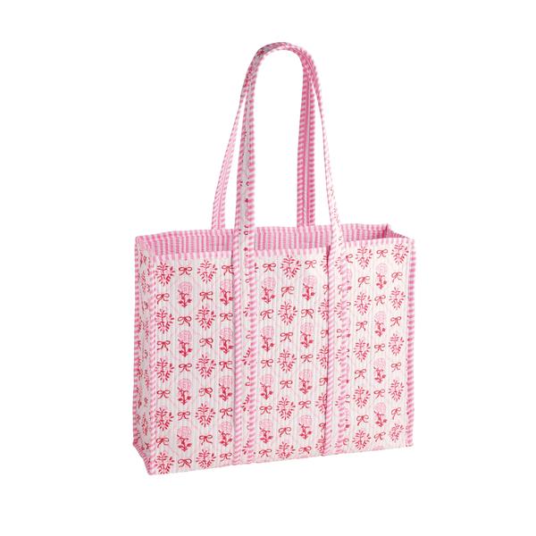 Pink Bow Quilted Tote | Quilted Cotton Block Print Bag | Mud Pie