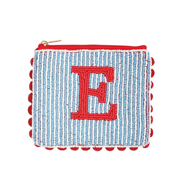 E Initial Beaded Pouch | Hand Beaded Cotton Canvas Case | Mud Pie