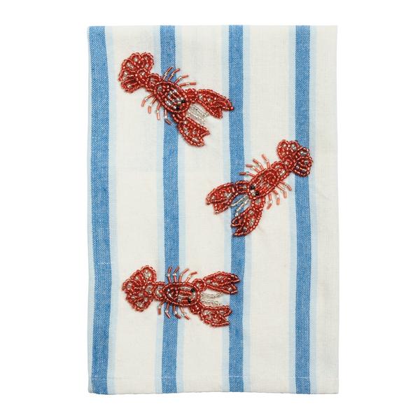 Stripe Lobster Beaded Towel | Coastal Chic Cotton Hand Towel | Mud Pie