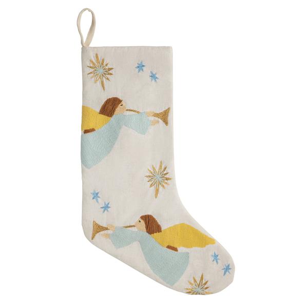 Angel Nativity Stocking | Embroidered Linen Christmas Stocking | Mud Pie