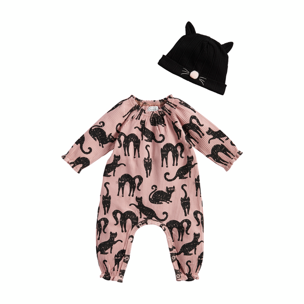 Pink Cat Baby Bodysuit and Hat