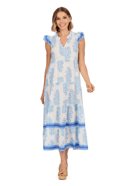 Chapman Maxi Dress | Large Blue Cotton Cambric V-Neck Dress | Mud Pie