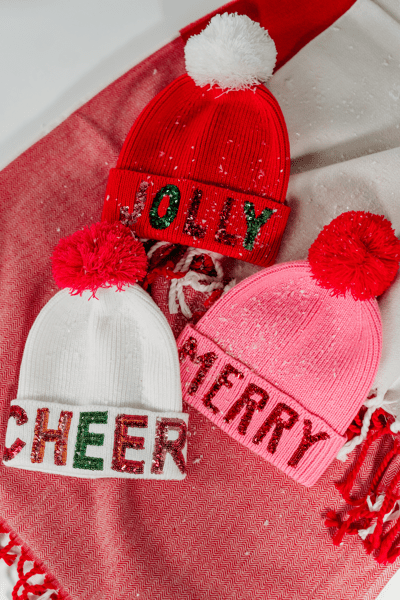 Red Holiday Sparkle Beanie with Sequin & Pom Topper | Mud Pie