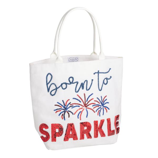 White Americana Born to Sparkle Tote with Cotton Handles | Mud Pie