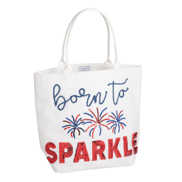 White Americana Born to Sparkle Tote with Cotton Handles | Mud Pie