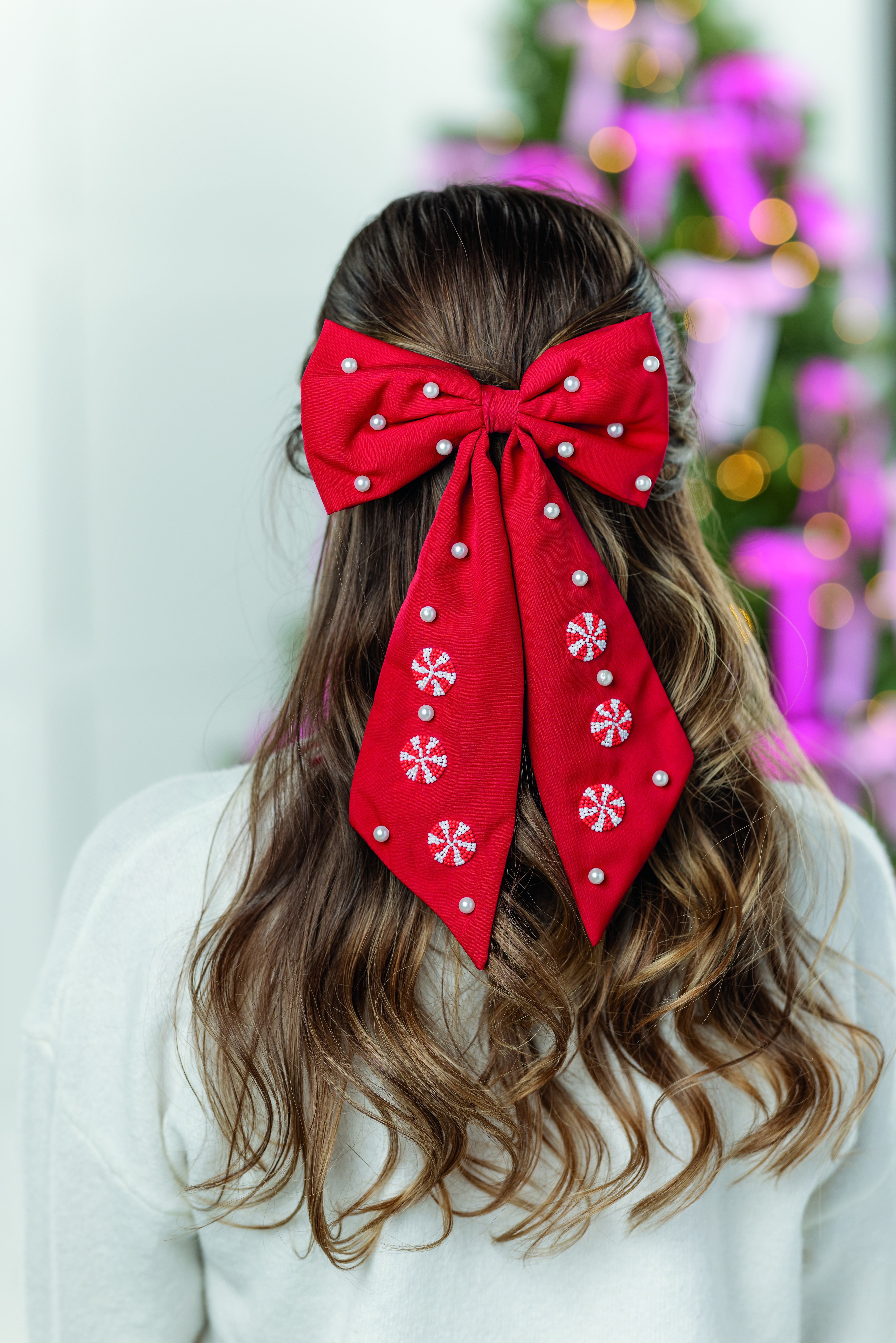 Mud Pie Peppermint Holiday Hair Bow in Red