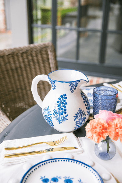 Blue Block Print Pitcher | Mud Pie Stoneware