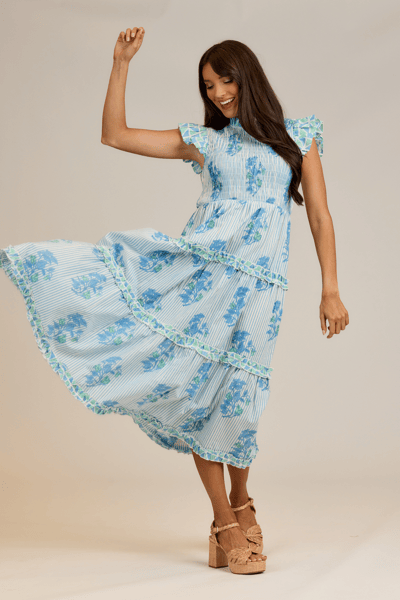 Large Perin Smocked Midi Dress Blue with Ruffle Shoulders | Mud Pie