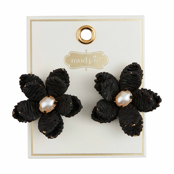 Black Raffia Flower Earrings