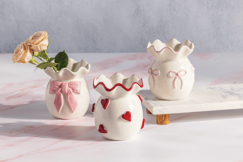 Dainty Bow Valentine Ruffle Bud Vase | Hand-Painted Ceramic with