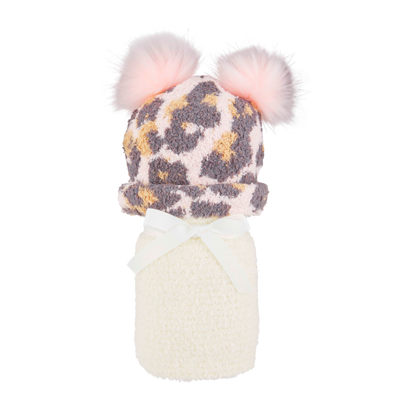 Chenille Leopard Hat and Blanket Set