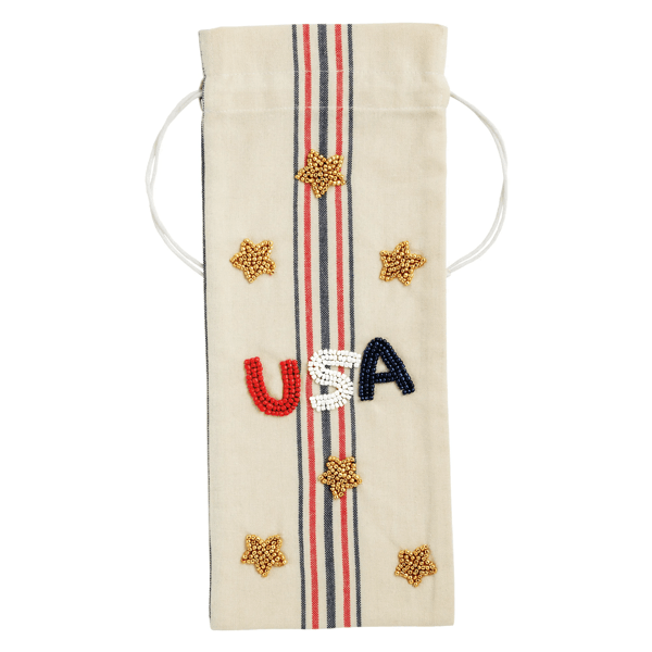USA Beaded Wine Bag | Cotton Drawstring Gift Bag | Mud Pie
