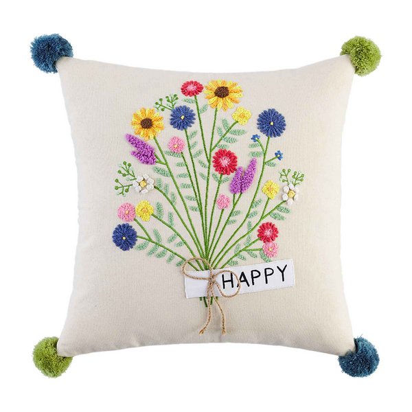 Happy Floral Embroidery Pillow | Mud Pie