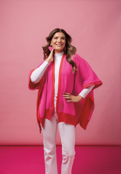 Pink Bringham Reversible Poncho | Stylish Knit with Contrast Trim