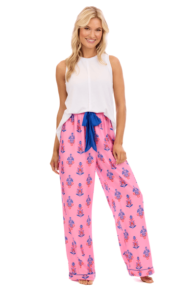 Pink Floral Block Print Pajama Pants | Large Size & Bow Tie Design
