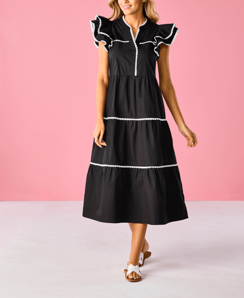 Pia Ric Rac Midi Dress | Large Size Black Dress | Mud Pie