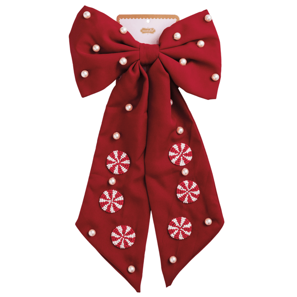 Peppermint Holiday Hair Bow | Cotton Embroidered Accessory | Mud Pie