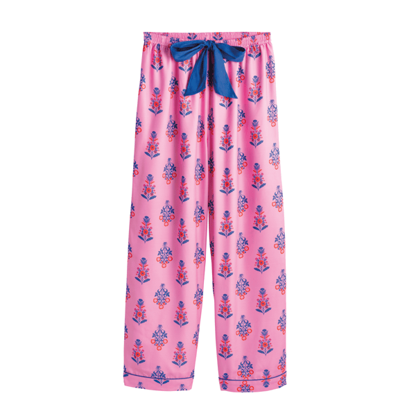 Pink Floral Block Print Pajama Pants | Large Size & Bow Tie Design