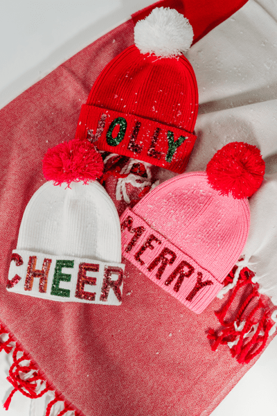Red Holiday Sparkle Beanie with Sequin & Pom Topper | Mud Pie