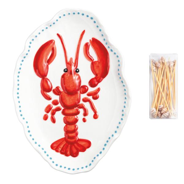 Lobster Serving Set | 2-Piece Stoneware Platter & Picks | Mud Pie