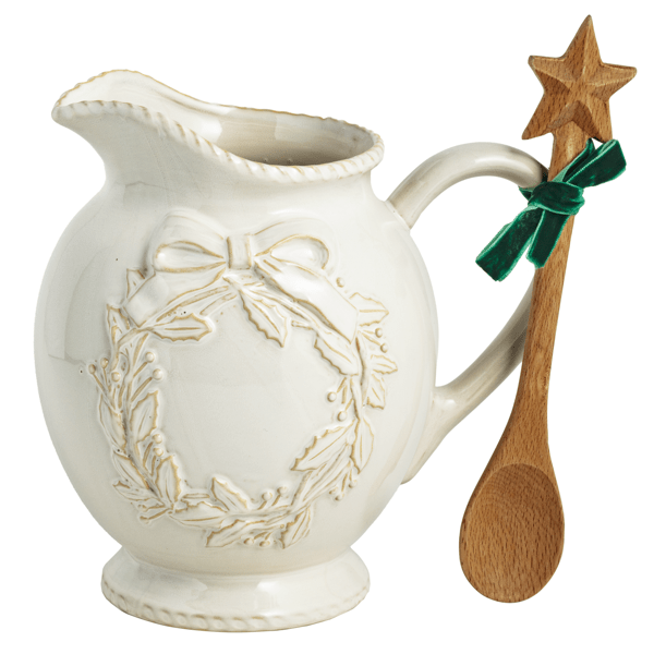 White Christmas Wreath Pitcher and Star Spoon Set | Mud Pie