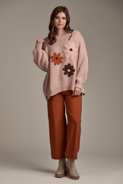 Farley Floral Sweater | Chunky Knit with Crochet Flower Appliques