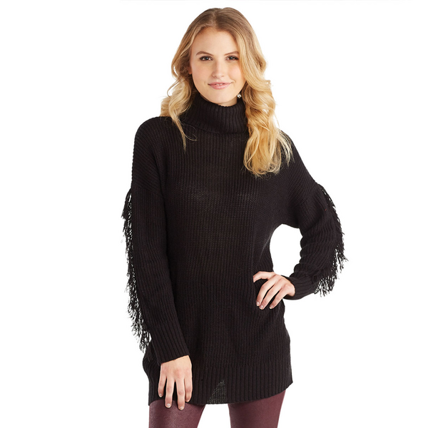 Candice Oversized Turtleneck Fringe Sweater in Black