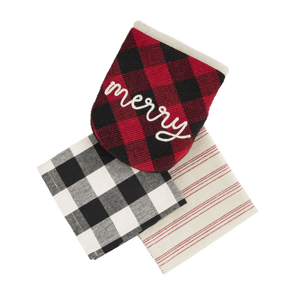 Mud Pie Merry Dish Towel Set, Buffalo Plaid