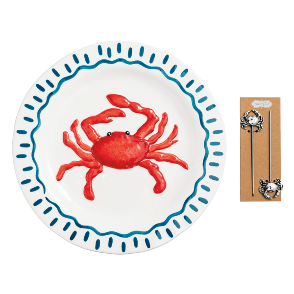 Crab Platter Set – 3-Piece Stoneware Platter & Serving Picks | Mud Pie
