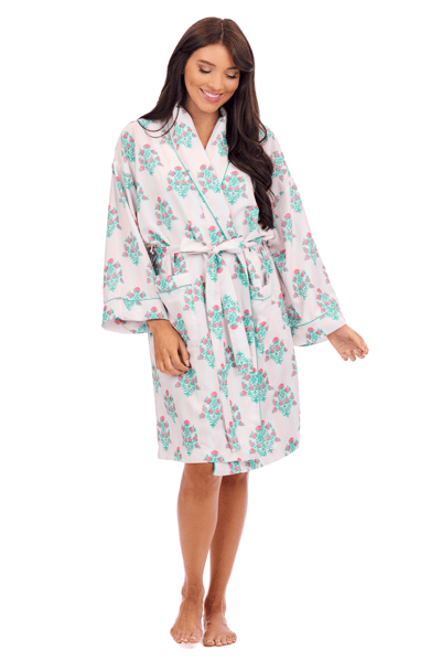 Dahlia Block Print Robe | Long Sleeve Lounge Robe with Tie | Mud Pie