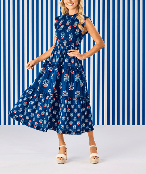 Ward Smocked Midi Dress | Large Navy Cotton Cambric Dress | Mud Pie