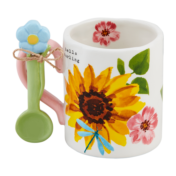 Yellow Floral Mug With Spoon