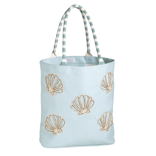 Blue Beaded Shells Coastal Tote with Laminated Interior | Mud Pie