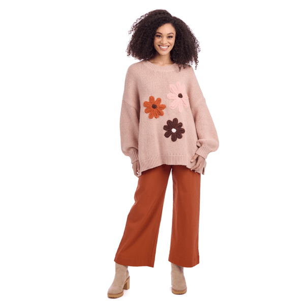 Farley Floral Sweater | Chunky Knit with Crochet Flower Appliques