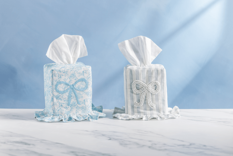 Toile Bow Tissue Box Cover | Cotton Decor with Ruffle Hem | Mud Pie